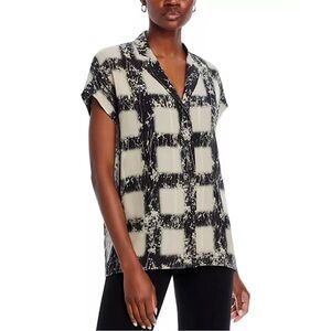 Lafayette 148 New York Notch‎ Collar Cap Sleeve Silk Blouse Black White MEDIUM